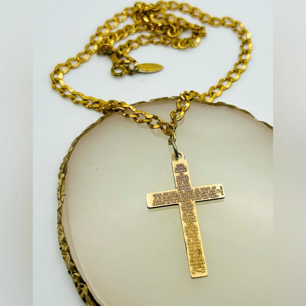 Vintage 24KT gold plated signed The Lords Prayer Cross Religious Necklace